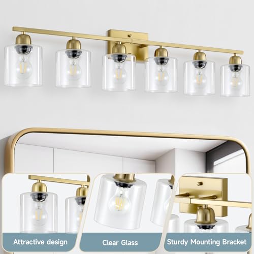 Image of Modern Brushed Gold 6 Light Bathroom Light Fixtures,38 inch Vanity Lights for Bathroom with Clear Glass, Vanity Light for Mirror Kitchen Living Room Hallway Cabinet Porch