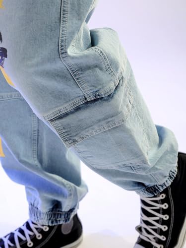 Image of The Indian Garage Co Men Loose Fit Solid Mid-Rise Stretchable Denim Joggers