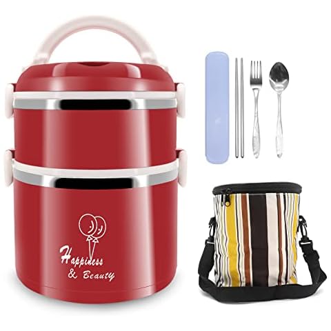 Beowanzk Thermal Lunch Box with Insulated Lunch Bag for Adults Kids Men Ladies Girl,Portable Leakproof Stainless Steel Metal Lunchbox Thermos Hot Food Flask Warmer Container for Work School (Red) Cover