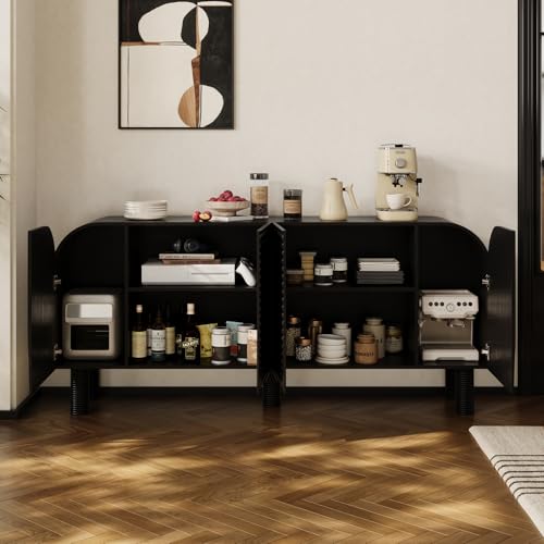 Image of 71 inch Curved Sideboard Cabinet with Storage, 4-Door Buffet Credenza,Black