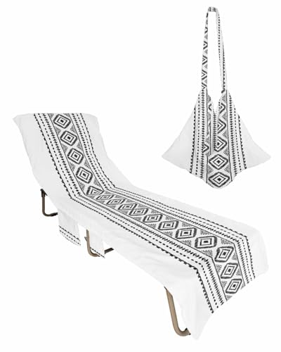 Beach Pool Patio Lounge Chaise Chair Cover Towel with Pockets,Black White Boho Absorbent & Quick Dry Microfiber Towel Cover Bag Summer Travel Accessories Southwest Geometric Stripes Striped