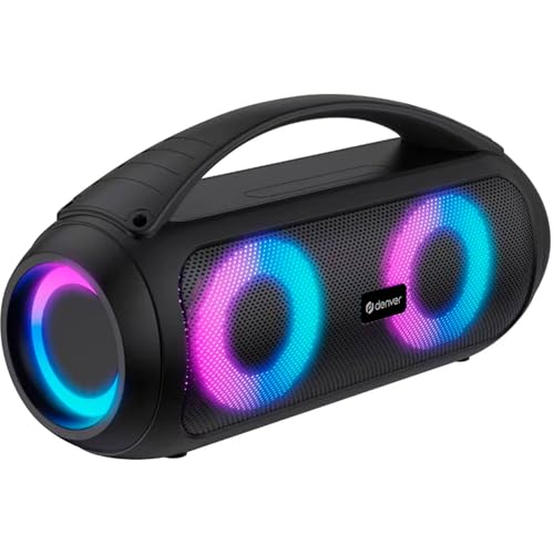 Denver Musik Box Bluetooth Lautsprecher – Musikbox Bluetooth mit Lichteffekten, USB & MicroSD, AUX, FM Radio, Wasserdicht IPX4, Tragbar mit Akku, 2x100W Max Stereo Sound