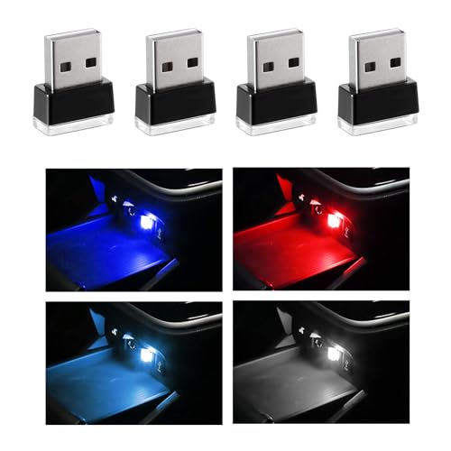 Sylvil 4 PCS USB LED Car Interior Atmosphere Lamp, Portable Mini LED Night Light, Plug-in USB Interface Trunk Ambient Lighting Kit, Universal Interior Car Accessories (Blue+Red+Ice Blue+White)