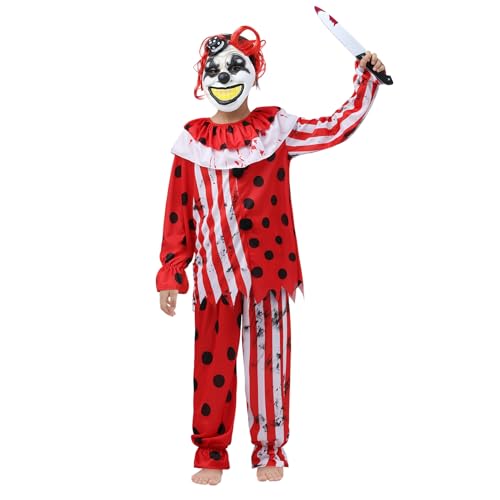 Leajap Deguisement Halloween Clown Tueur pour Enfant: Terrifiant Costume pour les Fêtes d'Halloween (Red-White, M)