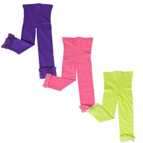 Wrapables Toddler Stretch Leggings with Lace Trim, Set of 3 (Purple, Watermelon, Lime Green)