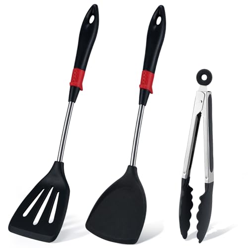HEARTIT Spatule Cuisine 3 Pièces - Lot de Ustensiles Antiadhésifs pour Pâtisserie et Cuisson Spatule Silicone, Ne Rayant Pas les Poêles, Noires