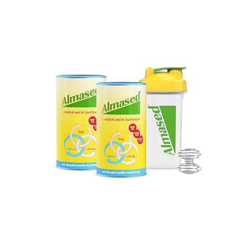Almased Mandel-Vanille – 2er Bundle + Shaker – Abnehmshake für den Stoffwechsel – hochwertiges Protein – 20 Portionen