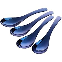 Blue Soup Spoons, Set of 4, Stainless Steel Polished Thick Heavy Duty Asian Rice Table Spoon,Dishwasher Safe