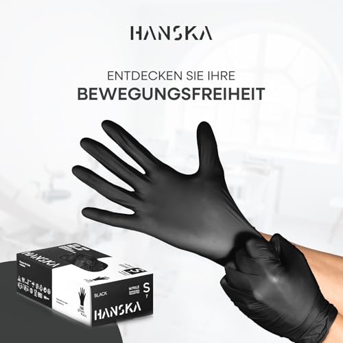 HANSKA 100 Schwarz Nitril-Einweghandschuhe – puderfrei – Einweg – beidhändig – nicht steril – Gummibasis – geeignet für medizinische Bereiche, Handhabung von Lebensmitteln (100, S)