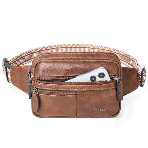 Leresas Fanny Packs for Women Vegan Leather Belt Bag Chic Cross Body Waist Pack Waist Purse for Travel Hiking Running Brown