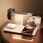 3 in 1 Wireless Charging Station for iPhone 17/16/15/14/13/12, Apple Watch and AirPods, Premium Leather-Look Charging Base with 3-Level Night Light, White