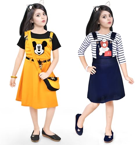Image of NAIVETY Cotton Blend Casual Short Sleeve Midi Fit and Flare Dress for Girls Kids, Pack of 2