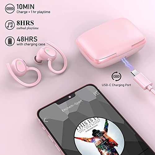 Image of Wireless Earbuds Bluetooth 5.3 Headphones With Dual Mic, Noise Cancelling In-Ear Earphones, Sport Earhook IP7 Waterproof, 48H Stereo Headset, USB-C (Pink)