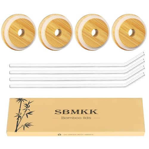 SBMKK Bamboo Lids for Glass Cups and 16 OZ Beer Can Glass Bamboo Mason Jar Lids Regular Mouth with Straw Hole 70mm/2.75 Inch Replacment Wooden Cover (regular 4pcs with straw)