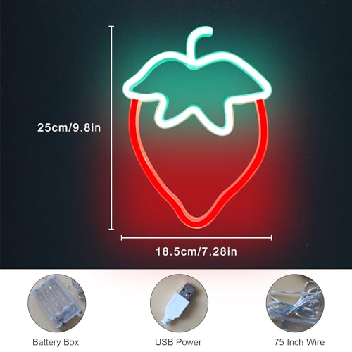 Image of Strawberry Neon Sign Red Green Strawberry Neon Lights for Cute Fruits USB Battery LED Sign for Room Restaurant Bar Fruit Shop Green Grocery Wall Decor