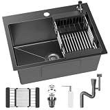 Lavello Cucina 1 Vasca 68x45cm, Lavello da Incasso, Acciaio Inossidabile 304, con Filtro di Scarico, Fori per il Montaggio di Rubinetto e Dispenser di Sapone e Cestello Filtrante Estraibile, Nero