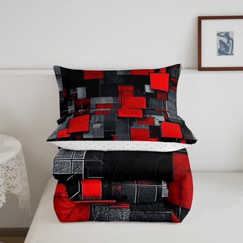 Image of Feelyou Red Black Comforter for Kids Toddler Size Geometric Grid Comforter Set Boys Girls Geometrics Comforter Abstract Art Duvet Insert Bed Set 2Pcs