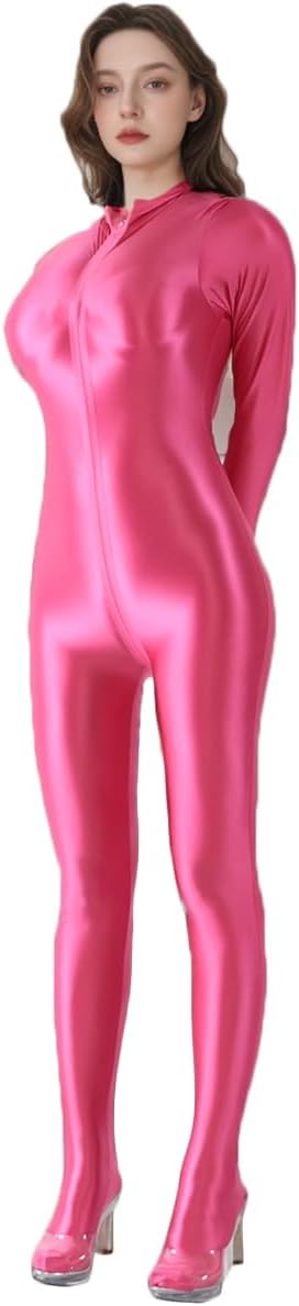 Satin Glossy Long Sleeved Step on Pants Jumpsuit Silk Smooth Two-Way Opening Crotch Zipper Bodysuit