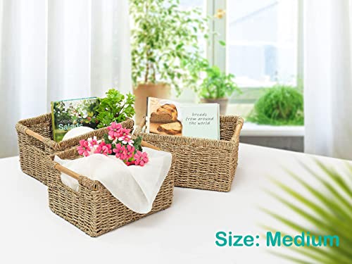 Wicker Baskets For Storage Organizing, Seagrass Storage Baskets Rectangular With Wooden Handles For Shelves, Natural Wicker Storage Basket Bins - Set Of Wicker Baskets For Home Organization #TOP6