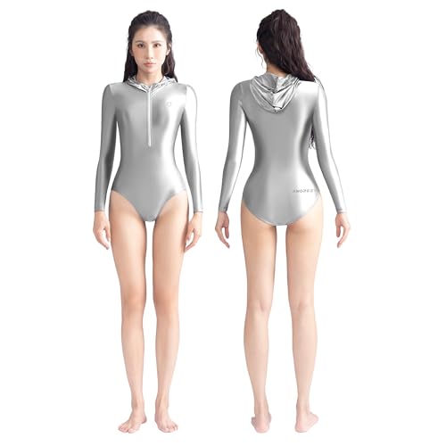 AMORESY Long Sleeve Hooded Swimsuit Leotard Front Zip One Piece Spandex Bodysuit UV Protection Stretch Swimwear (US, Alpha, XX-Large, Regular, Regular, Silver Gray)
