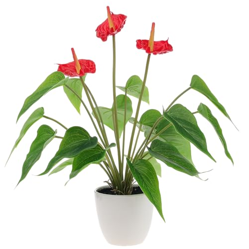Quancru 16.5 Inch Realistic Artificial Anthurium Flower Red Fake Flamingo Flower Simulated Andraeanum Plant Pot Decoration Table Photography Bonsai