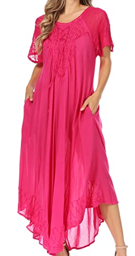 Image of Sakkas Egan Long Embroidered Caftan Dress /Cover Up with Embroidered Cap Sleeves