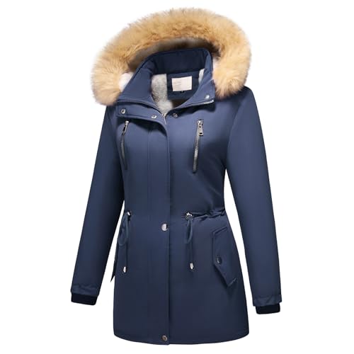 MODFUL Women's Fleece Down Parka Jacket Detachable Hood Warm Sherpa Winter Coat Outerwear (Dark Blue, S)