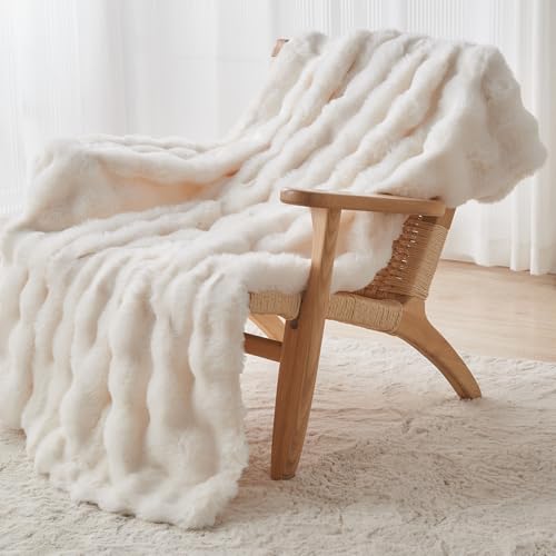 Lotus Karen Faux Fur Throw Blanket Cream White - Big Bubble Rabbit Fluff Blanket for Couch, Small Fluffy Fuzzy Cozy Blanket, Thick Furry Plush Shaggy Blankets, 50x60 Inches - Image 4