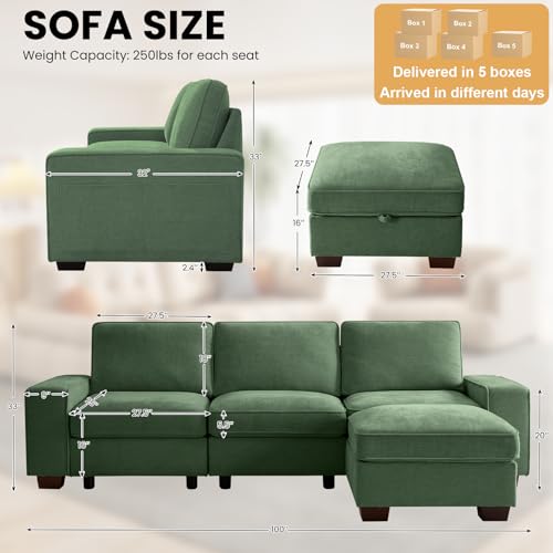 Image of TEKAMON 100 inch Modular Sectional Sofa with Seats Storage, L Shape Couch with Movable Ottoman for Living Room, Couch with Chaise, Solid Wood Frame, Spring Cushions, USB Port, Washable Covers, Green