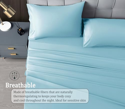 Image of RD TREND Satin Solid Fitted Bedsheets Queen Size 78x60x10 Inch, Elastic Bedsheets for Queen Size Bed with 2 Pillow Covers-18x28 Inch (Aqua), 400 TC