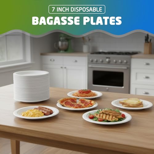 1ABOVE 50 Pack Extra Strong White Disposable Bagasse Plates, 100% Compostable and Biodegradable, Made from Sugarcane Fibre, Perfect for BBQ, Wedding, Office, Picnics and Parties (7 INCH)