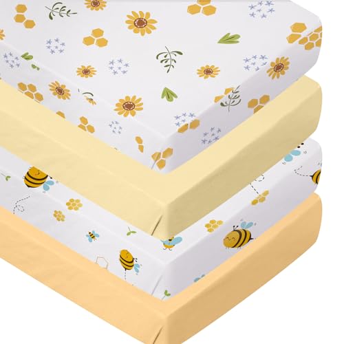 Image of 4 Pack Bees Crib Sheets for Girls Breathable Fitted Standard Crib Sheets Crib Sheets Girl for Standard Crib Mattress Baby Gift Set