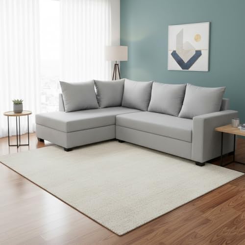 Image of FURNY Gloria 4 Seater Fabric LHS L Shape Sofa Set (Light Grey) Premium Velvet Finish | Durable Comfort | Ideal for Living Room