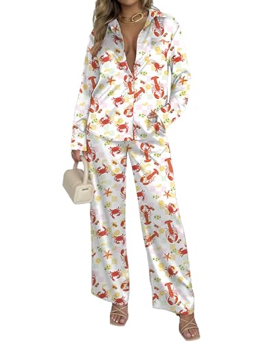 Image of Ekouaer Womens Satin Silky Pajama Set 2 Piece Print PJs Soft Loungewear Button Down Sleepwear with Elastic Waist Long Pants