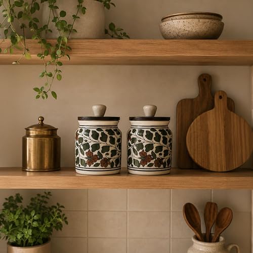 Image of Ceramic Kitchen Jars for Storage | Air Tight Containers with Wooden Lids | Masala, Salt, Pickle, Dry Fruits & Multi Utility Items Organiser Set (Hand-Painted, Green Leaf, 450 ML, Pack of 2)