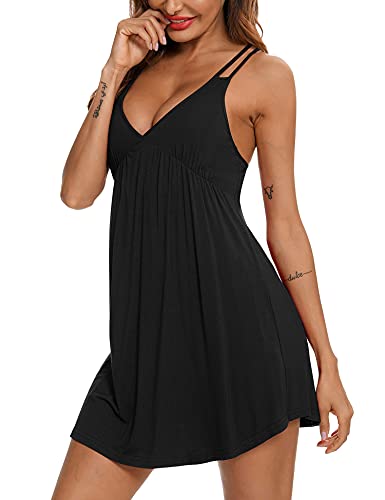Samring Women's Loose Full Slips Nightgown Chemise Sleepwear Cotton Jersey Lingerie Black M #TOP15