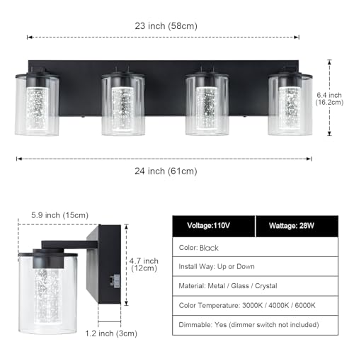 Image of SineRise Bathroom Vanity Light with 3 Color Modes (3000K /4000K /6000K), Eye Protection LED Bathroom Light Fixture, Dimmable Modern Wall Light Over Mirror with Clear Glass Shade (Black, 4-Light)