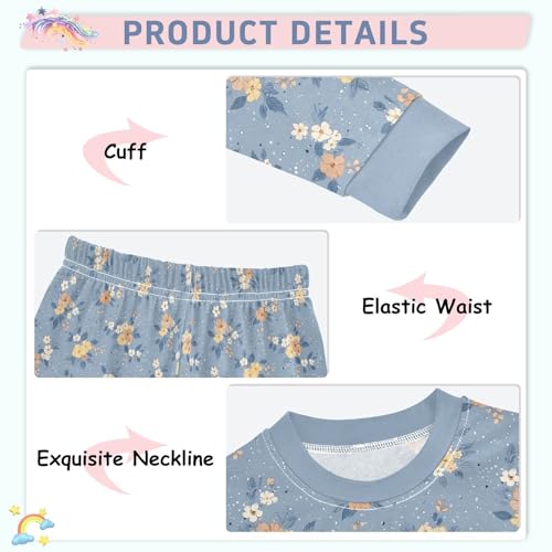 Cartoon Pajamas Set Flower Floral Pattern Blue Long Sleeve PJs Cotton Jammies Sleepwear Top and Pants4