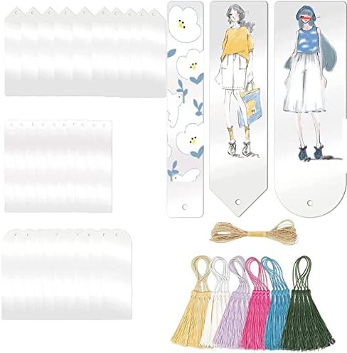 60 PCS Acrylic Bookmark Blanks with Colorful Tassels Transparent Bookmarks Bulk Bookmark Blank Clear Bookmark Crafts Book Marks for DIY and Gift Tag
