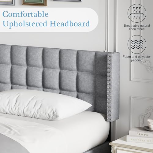 VECELO Headboard Queen Size, Linen Upholstered Headboards Only with Nailhead Trim Wingback, Square Stitched Design, Adjustable Height from 40" to 49.8", Light Grey by VECELO - Image 5