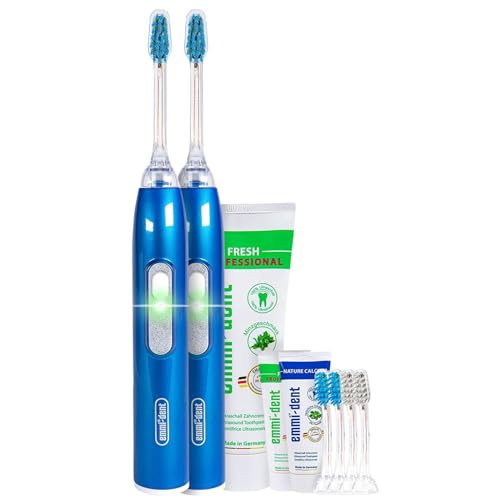 emmi-dent Metallic Spazzolino Elettrico a Ultrasuoni (Kit Family Blu) I Pulizia dei Denti Ottimale Senza Sfregare I Durata della Batteria Fino a 12 Giorni