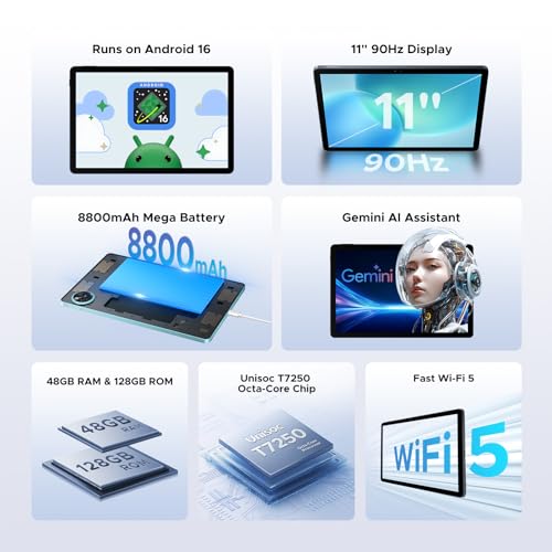 Image of P11 Android 16 Tablet, 11 Inch Tablet with Gemini AI, 48GB RAM+128GB ROM /2 TF, 120Hz, T7250 Octa-Core, 8800mAh /18W, 13MP+5MP, Widevine L1, Face ID, GPS, FM, OTG, Tablet with Keyboard Pen