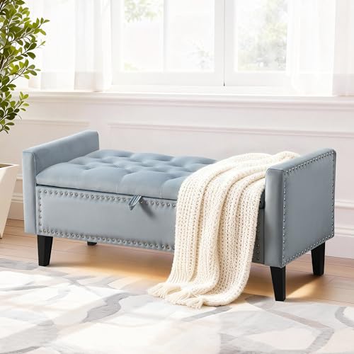 UMBFUN 47in Velvet Storage Ottoman Bench with Arms, Upholstered Storage Bench with Wooden Legs, Storage Bench for Bedroom, Living Room, Entryway, Blue Grey