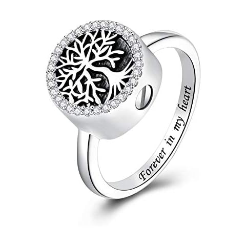 IOHUPCI Sterling Silver Tree of Life Cremation Urn Ring for Ashes Hold Loved Ones Forever in My Heart Memorial Keepsake Urns Ring for Women Men (7) Cover