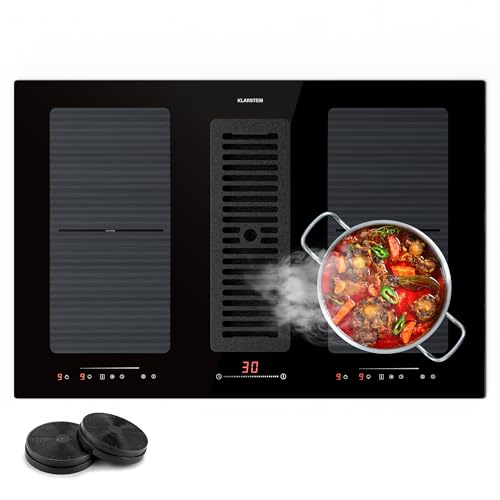 Klarstein 2 en 1 Plaque de Cuisson Induction avec une Hotte Aspirante pour Ilots, Table de Cuisson à 4 Anneaux avec Flex Zone, Commande Tactile, Hotte Aspirante 391m³/h, Classe Energétique A+