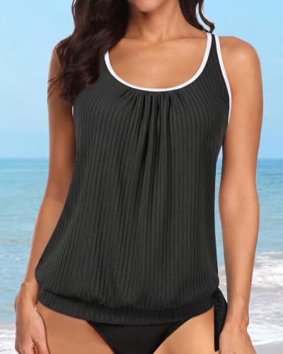 Image of Yonique Womens Blouson Tankini Swim Top Loose Fit Strappy Bathing Suit | Removable cups for custom shaping, Tummy Control Swimwear