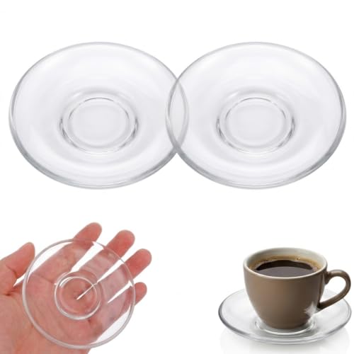 STOBOK 3.3 Inch Mini Glass Saucers, 2 Pack Clear Glass Espresso Cup Saucers, Small Round Tea Cup Saucers with Center Recess, Mini Dishes for Sugar, Chocolate & Small Treats, 8.5 cm