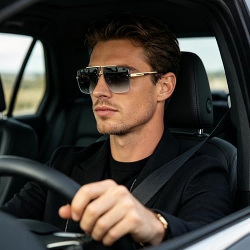 Image of Rimless Oversized Square Sunglasses for Men Trendy Fashion Big Shades Tinted Lens Gold Metal Frameless Glasses UV400