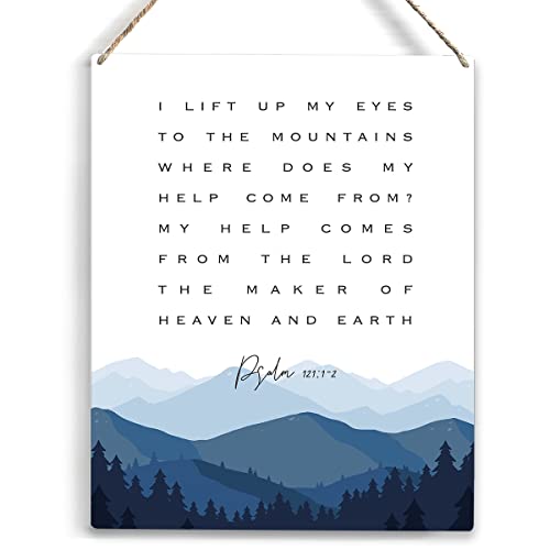 Image of YCYD I Lift up My Eyes to the Mountains Bible Verse Wood Sign Rustic Psalm 121:1-2 Watercolour Christian Wooden Hanging Plaque for Home Office Wall Art Decoration 8 x 10 Inches Present