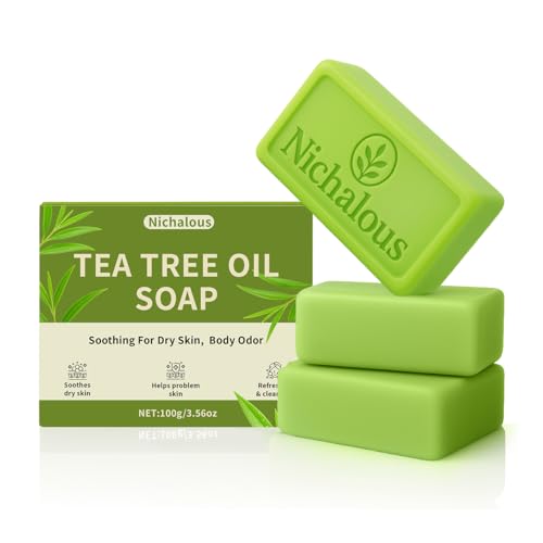 Nichalous 3PCS Tea Tree Soap Tea Tree Relief Soap Bar with Tea Tree Oil & Coconut Oil & Witch Hazel Deep Pore Cleansing Natural Herbal Soaps Bar for Feet & Body Care Men & Women 3.5 oz